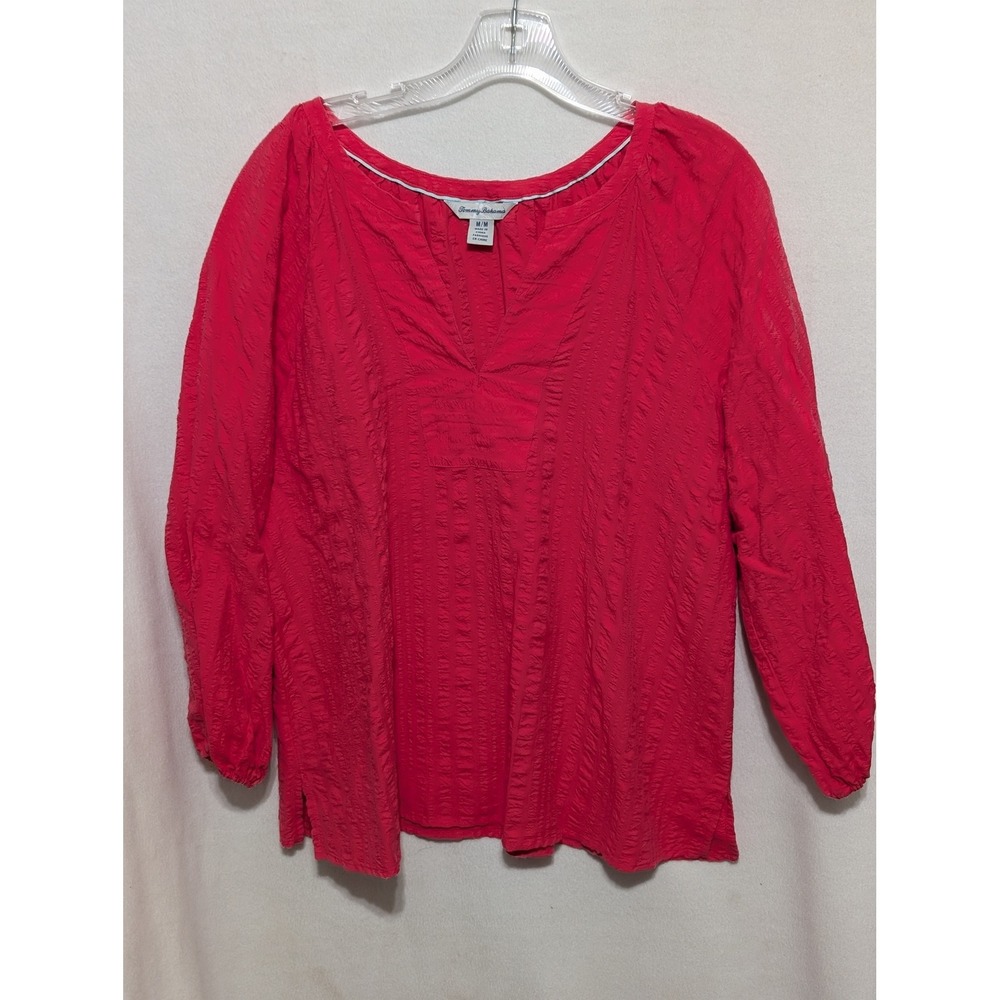 Tommy Bahama Womens Pink Crinkle Seersucker Split V-Neck Blouse Top Medium